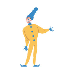 Man Clown with Makeup Face and Flamboyant Costume as Circus Artist Character Performing on Stage or Arena Vector Illustration