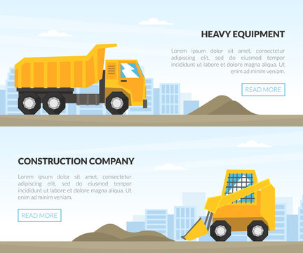 Construction Machinery and Heavy Equipment on Building Site Engaged in Earthwork Operation Vector Template