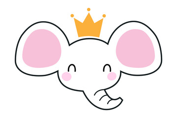 Cute Elephant Animal Head Wearing Gold Crown Vector Illustration