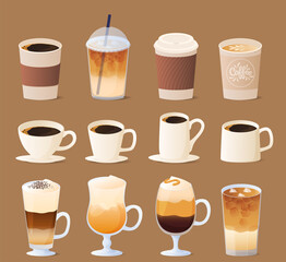 Different types of coffee. Coffee menu collection.
