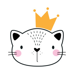 Cute Tiger Animal Head Wearing Gold Crown Vector Illustration