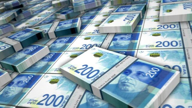 Israeli shekel banknote bundle loop. 200 NIS money stacks. Concept of business, economy, banking and finance in Israel. Camera over cash packs. Loopable seamless 3d animation.