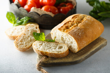 Traditional homemade ciabatta bread on a desk
