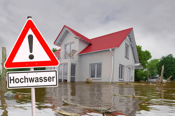 3d Illustation - Schild - Unwetter - Hochwasser - Überschwemmung - Haus - Überflutung