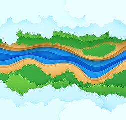 Top view cloudy landscape in paper cut style. Aerial view 3d background with river forest canopy and land. Vector papercut illustration of creative concept idea environment conservation and nature.