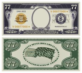 A fictional 77 US dollar banknote commemorating the victory in the great war. 1945-2022. Obverse and reverse of vintage paper money. Franklin Delano Roosevelt