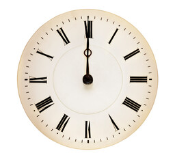 Antique clock face pointing at twelve o'clock isolated against white background