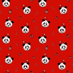 Seamless pattern with pandas in santa hats. The illustration is drawn in the style of a cardboard on a New Year's theme. Design for fabric, paper and other items.