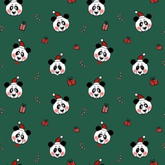 Seamless pattern with pandas in santa hats. The illustration is drawn in the style of a cardboard on a New Year's theme. Design for fabric, paper and other items.