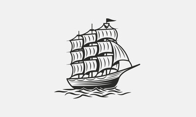 Old Ship vintage silhouette. Pirate boat, Sail Ship illustration in trendy vintage hipster style. Nautical, Marine logo template. Vector illustration