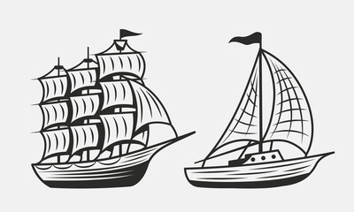 Vintage Old Ship and Boat or Yacht isolated on white background. Sailboat, Sailing ship icons. Elements for nautical logo, poster, banner template. Vector illustration - obrazy, fototapety, plakaty