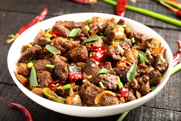 Beef fry, ularthiyathu from Kerala cuisine, 