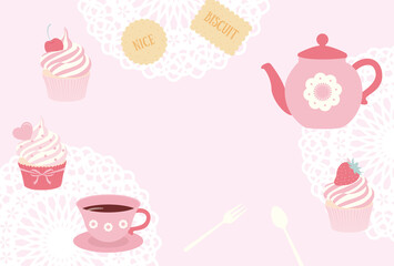 vector background with tea and sweets for banners, cards, flyers, social media wallpapers, etc.