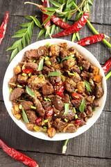 Beef fry, ularthiyathu from Kerala cuisine, 