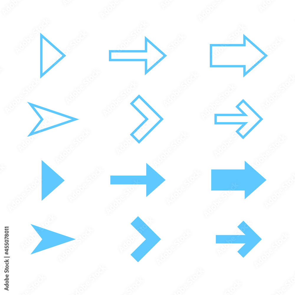 Poster set of different next arrow icon. lined and filled arrow signs for web and mobile app design in eps1