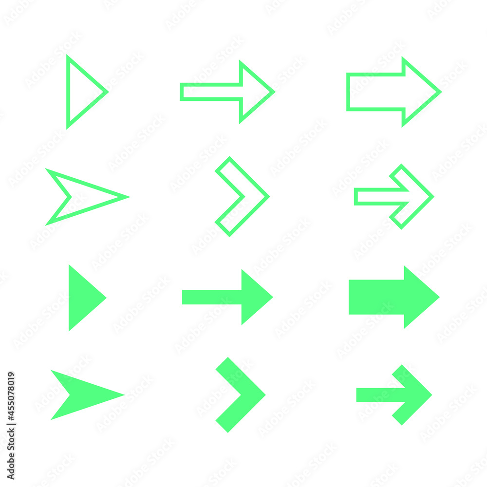 Poster set of different next arrow icon. lined and filled arrow signs for web and mobile app design in eps1
