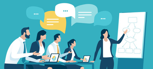 Presentation, education, learning  business illustration. The business team listens to the teacher. 