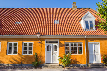 Fototapeta na wymiar Front facade of a typical Danish house in Christiansfeld, Denmark