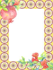 Tiled frame decorated with pomegranates and red flowers. Decorative element for printing postcards, menu design, covers, invitations. Handmade watercolor illustration.