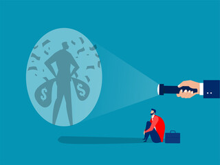 businessman looking guideline at targets for shooting  his shadow rich under money rain success concept vector.
