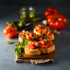 Traditional homemade bruschetta with tomato and basil