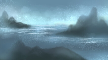 Obraz na płótnie Canvas Mountain and sea with sunlight landscape painting arts
