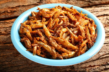 Homemade delicious and spicy sea food fried, tasty anchovy fish fry.