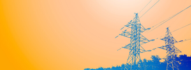 Vector contour silhouette. Substation, powerhouse. High-voltage line. Yellow, orange background, cover. Sky. Poles cable Background.
