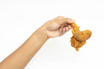 Hand hold fried calf chicken isolated on white background