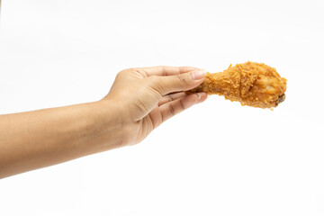 Hand hold fried calf chicken isolated on white background