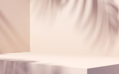 Minimal abstract background for product presentation. Leaf shadow on plaster wall. 3d render. Spring and summer.