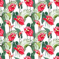 Seamless pattern with tropical anthurium flowers and leaves. Watercolor illustration on white background.