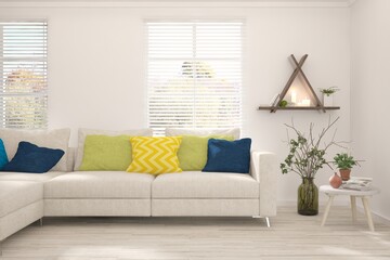 White living room with sofa. Scandinavian interior design. 3D illustration