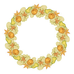 Pumpkins and maple leaves colorful vector round frame. Autumnal wreath.
