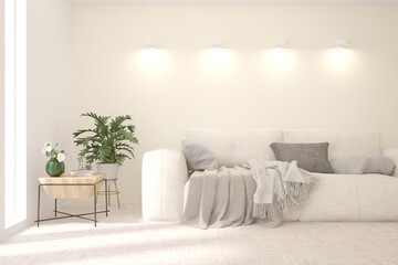 White living room with sofa. Scandinavian interior design. 3D illustration