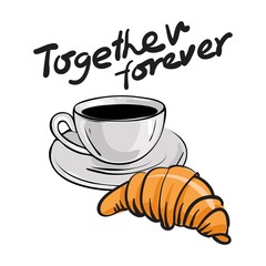 Croissant and coffee cup vector sketch. Cartoon style.