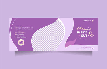 Horizontal social media banner template for beauty care promotion. Beautiful purple design concept of professional hair spa, hair mask, hair style, cosmetic sale or promotion, skin treatment, etc