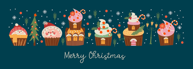 Merry Christmas and Happy New Year. Vector illustration with cute sweets. A template for a greeting card, a Christmas poster. - 455083091