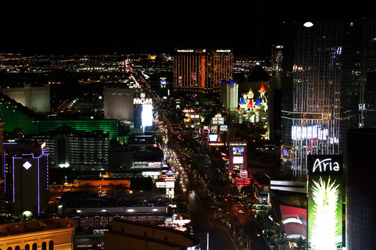 Las Vegas,NV,USA - Oct 09,2019 : Night Panorama of Las Vegas Boulevard The Strip. Hotels and casinos of Las Vegas gambling capital.
