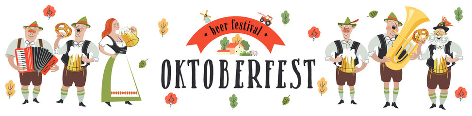 Oktoberfest. The banner template is a traditional German beer festival. Cheerful people in national costumes drink beer and play musical instruments.