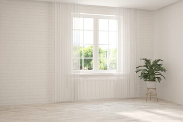 Obraz na płótnie Canvas White empty room with summer landscape in window. Scandinavian interior design. 3D illustration