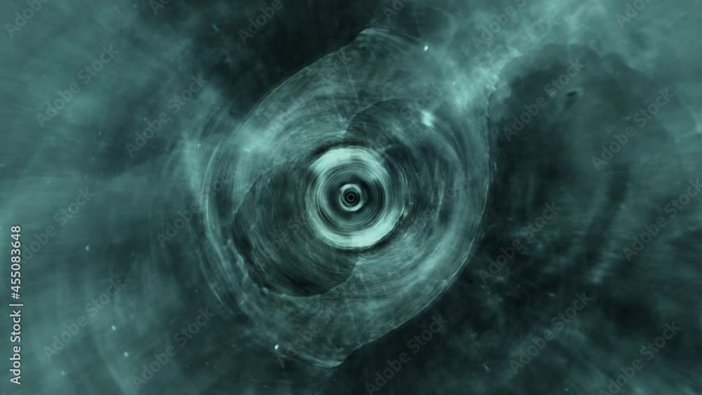 Poster abstract dark emerald cloud tunnel wormhole background. space travel through a worm hole time tunnel
