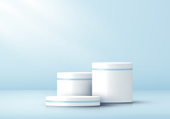 3D realistic white cylinder pedestal on blue studio room background
