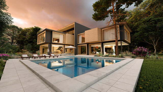 Large modern contemporary house in wood and concrete at sunset