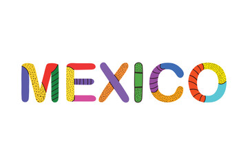 Handwritten Mexico lettering, multicolored letters with decorative elements. Vector illustration 
