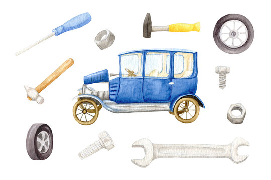 Watercolor set with hand tools for a car and a blue car. Hammer, nut and screwdriver. Childrens watercolor set of stickers for boys.