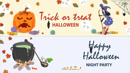 Fototapeta premium A cauldron with a potion a witch with a broom is an illustration for the design of the Halloween holiday