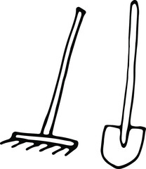 Shovel and rake. Hand drawn vector image