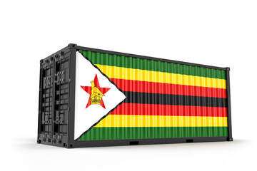 Realistic shipping container textured with Flag of Zimbabwe. Isolated. 3D Rendering