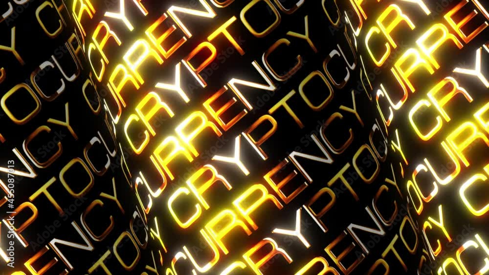 Poster crypto currency 3d tube text rotating on black background. 4k 3d rendering text cylinder kinetic sea